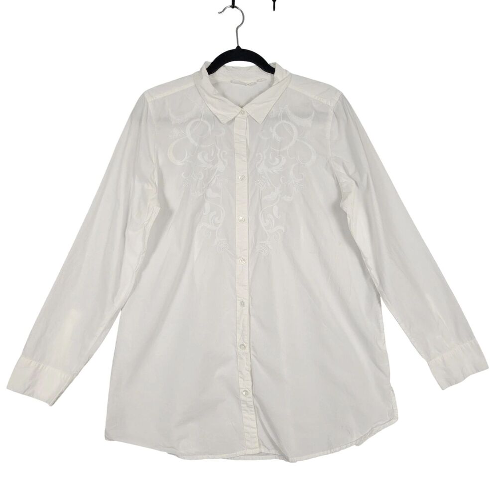 J JILL Uncommon Threads White Floral Embroidered Button Up Top Office SIZE LARGE
